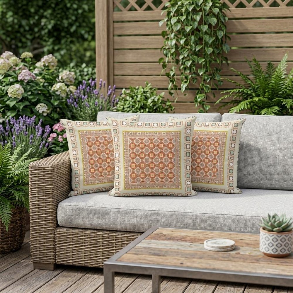 Set of Three Orange and White Botanical Indoor Outdoor Throw Pillow