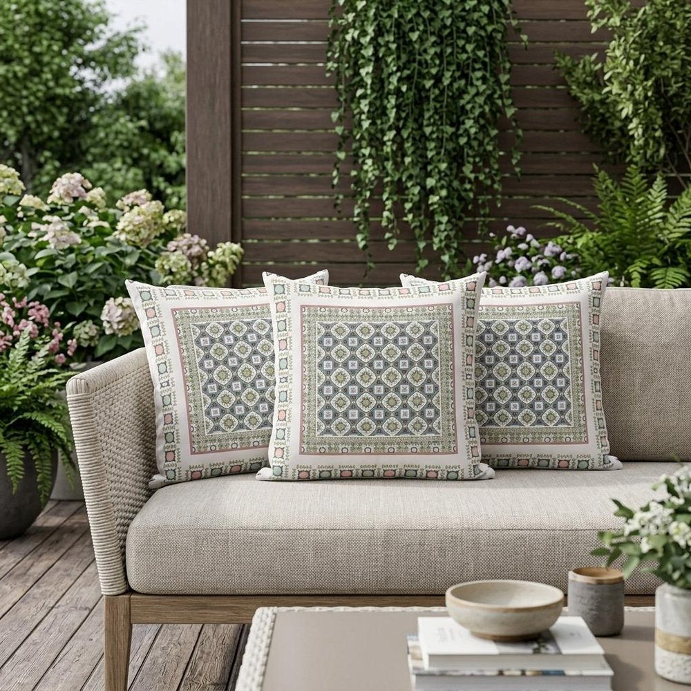 Set of Three 16" X 16" Blue and White Botanical Indoor Outdoor Throw Pillow