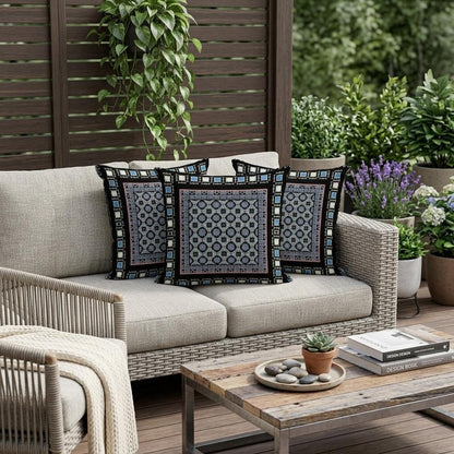 Set of Three 16" X 16" Black and Blue Botanical Indoor Outdoor Throw Pillow