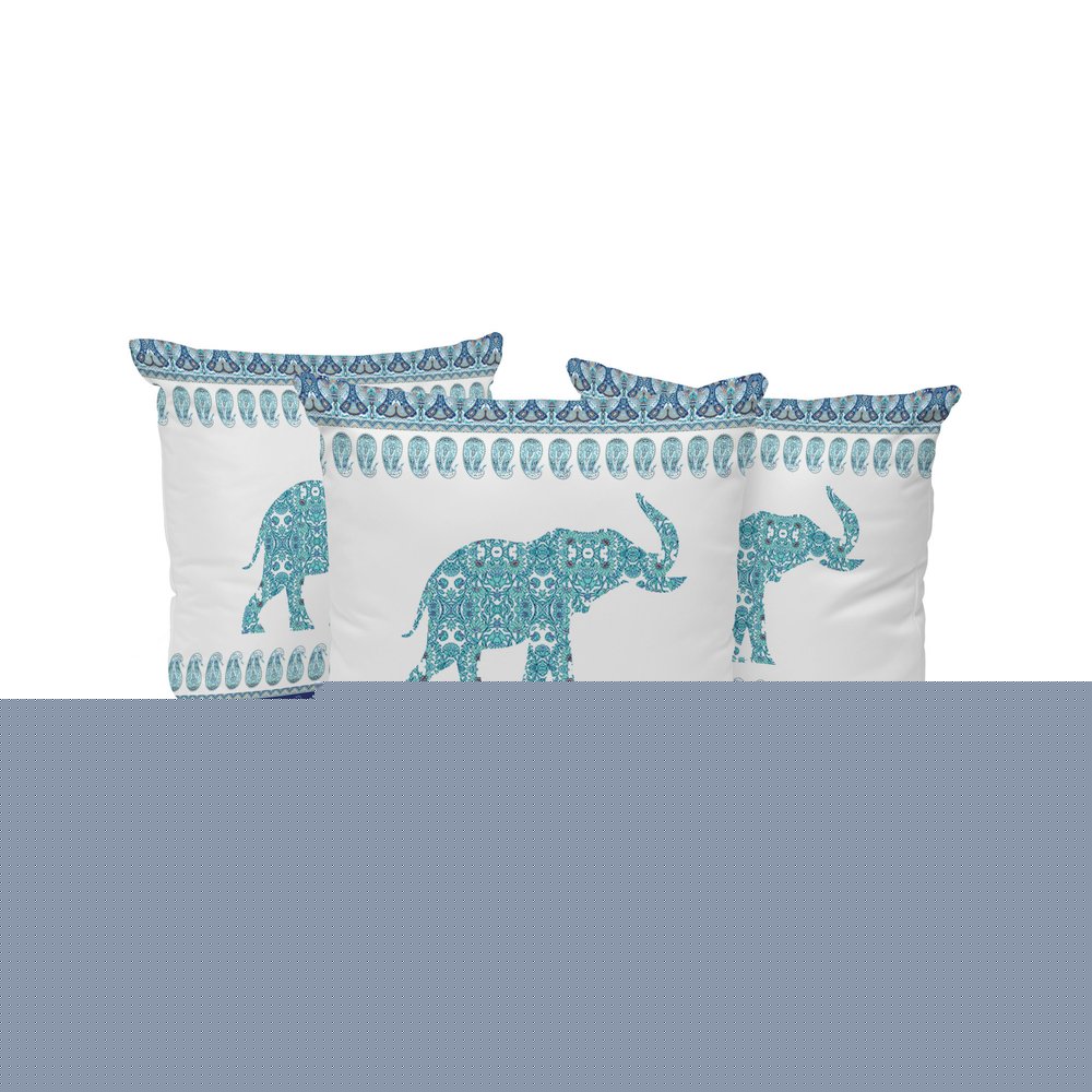 Set of Three 16" X 16" Blue and White Elephant Paisley Indoor Outdoor Throw Pillow