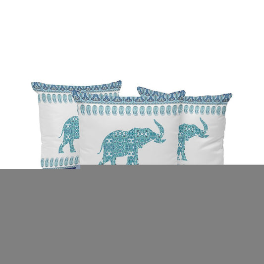 Set of Three 16" X 16" Blue and White Elephant Paisley Indoor Outdoor Throw Pillow