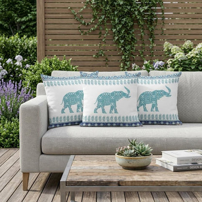 Set of Three 16" X 16" Blue and White Elephant Paisley Indoor Outdoor Throw Pillow