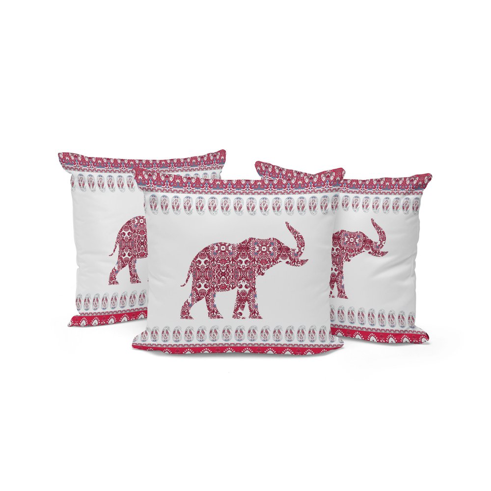 Set of Three 16" Red and White Elephant Does Not Apply Paisley Indoor Outdoor Throw Pillow