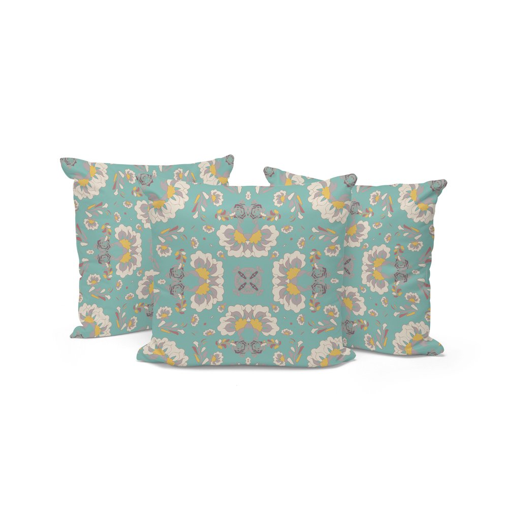 Set of Three Green and White Botanical Indoor Outdoor Throw Pillow