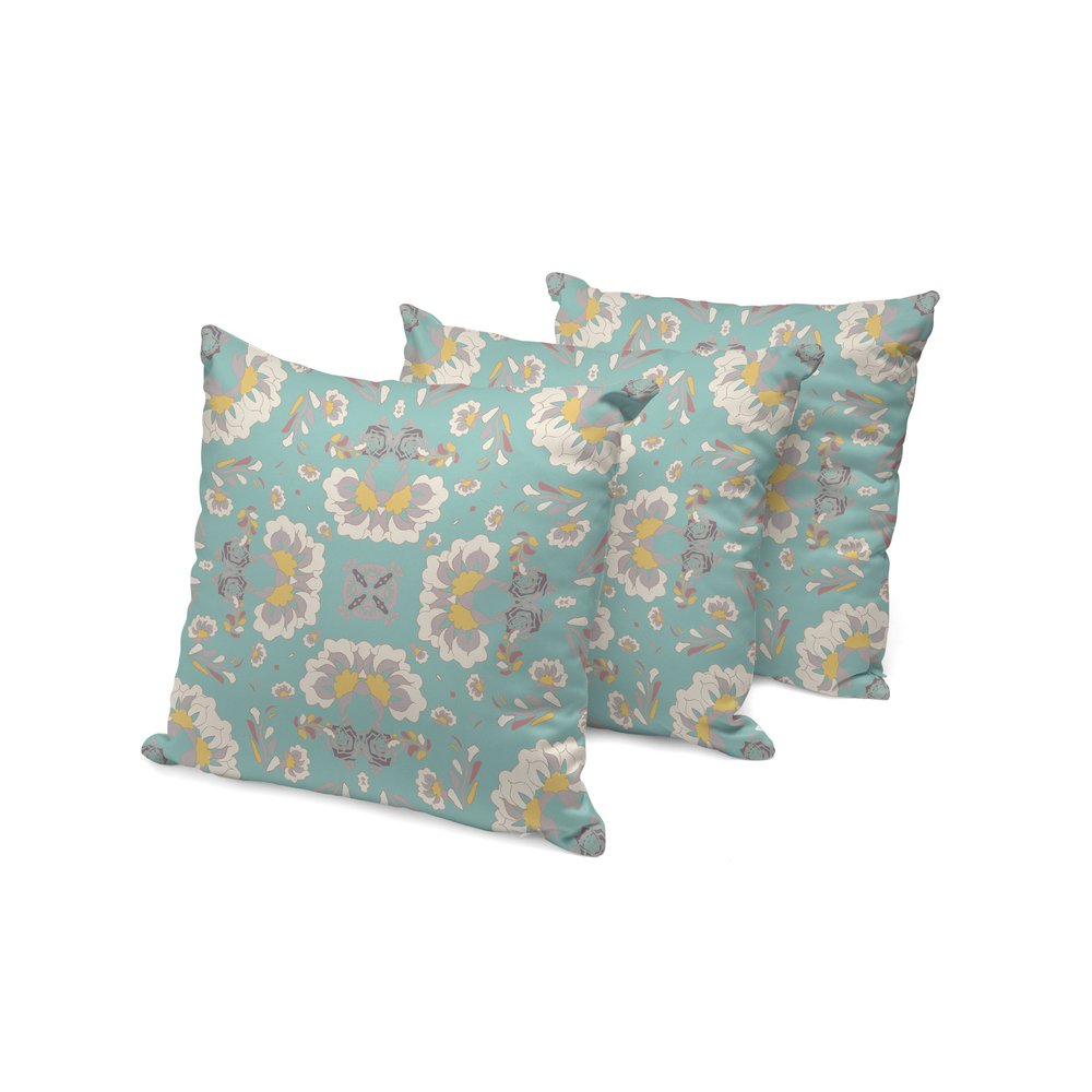 Set of Three Green and White Botanical Indoor Outdoor Throw Pillow