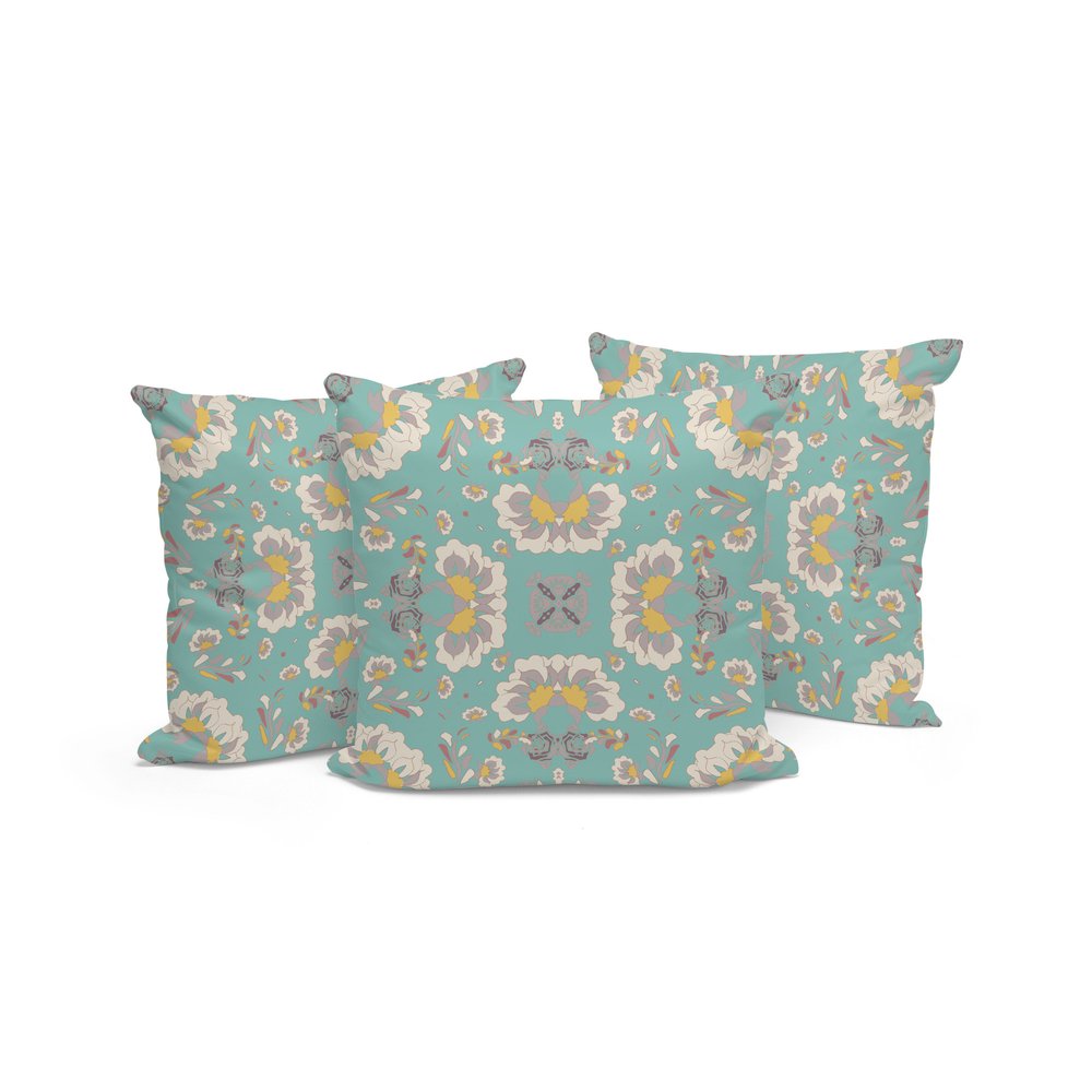 Set of Three Green and White Botanical Indoor Outdoor Throw Pillow