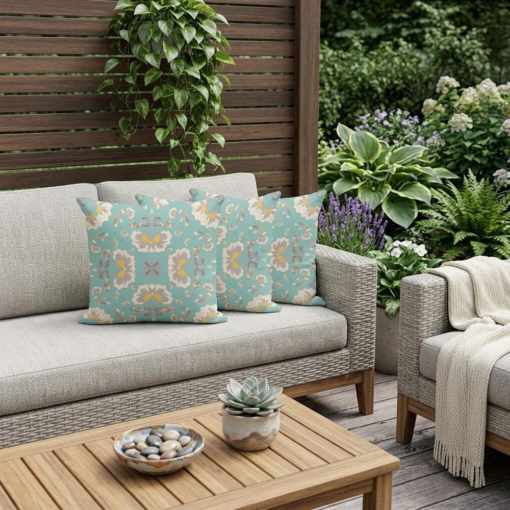 Set of Three Green and White Botanical Indoor Outdoor Throw Pillow