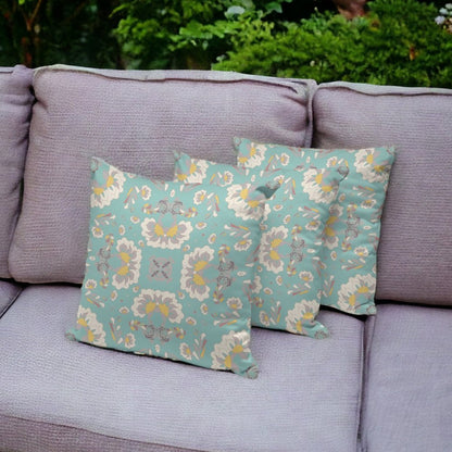Set of Three Green and White Botanical Indoor Outdoor Throw Pillow