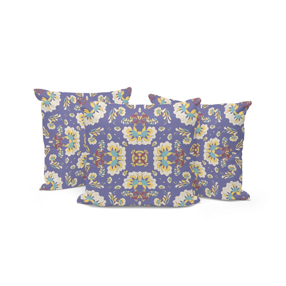 Set of Three Purple and White Botanical Indoor Outdoor Throw Pillow