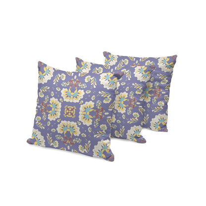 Set of Three Purple and White Botanical Indoor Outdoor Throw Pillow