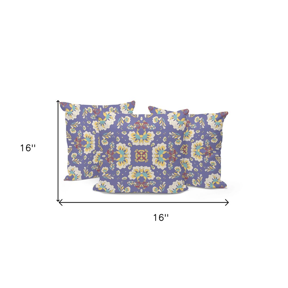 Set of Three Purple and White Botanical Indoor Outdoor Throw Pillow