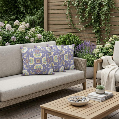 Set of Three Purple and White Botanical Indoor Outdoor Throw Pillow