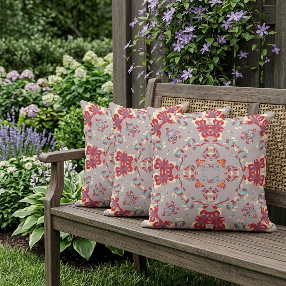 Set of Three 16" X 16" Purple and Ivory Geometric Indoor Outdoor Throw Pillow
