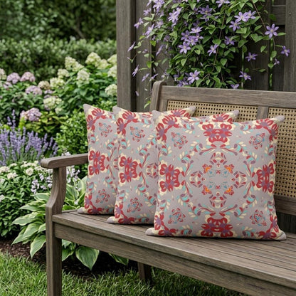 Set of Three 16" X 16" Purple and Ivory Geometric Indoor Outdoor Throw Pillow
