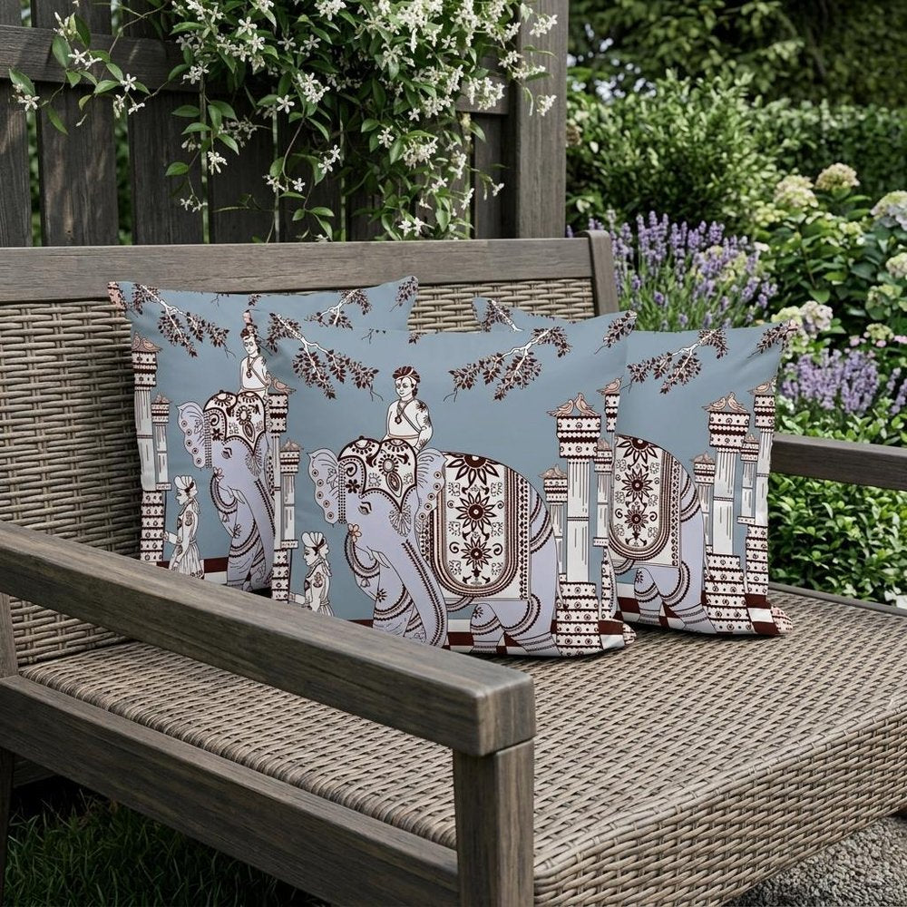 Set of Three 16" X 16" Blue and Brown Elephant Indoor Outdoor Throw Pillow