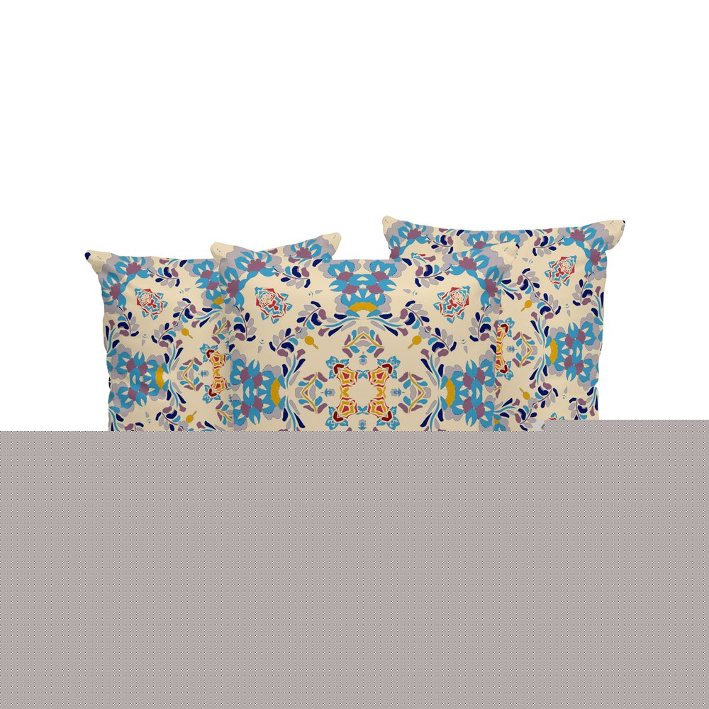 Set of Three 16" X 16" Blue and Off White Geometric Indoor Outdoor Throw Pillow