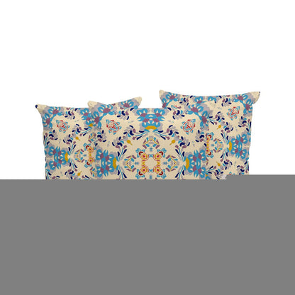 Set of Three 16" X 16" Blue and Off White Geometric Indoor Outdoor Throw Pillow