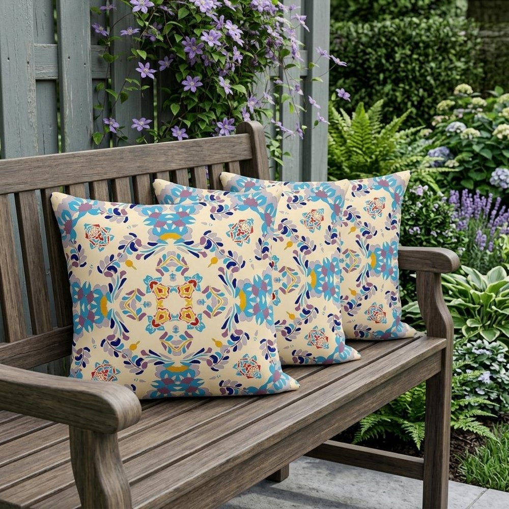 Set of Three 16" X 16" Blue and Off White Geometric Indoor Outdoor Throw Pillow