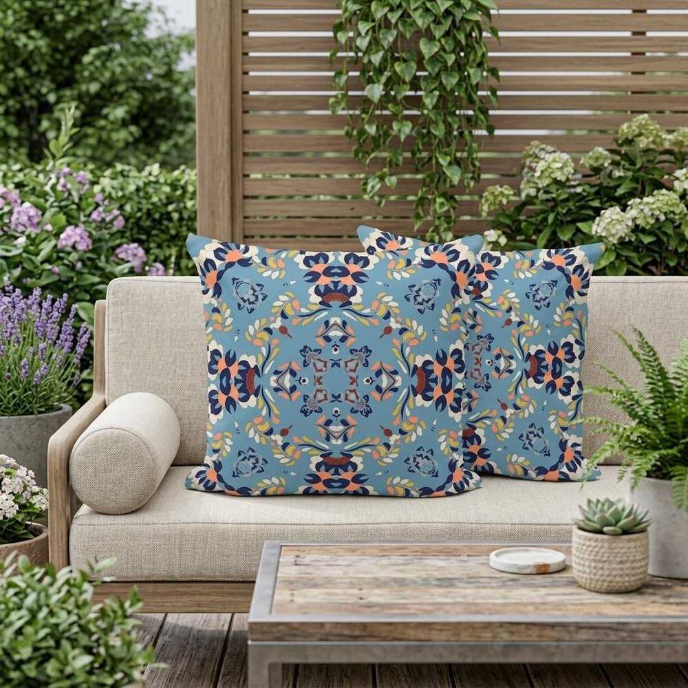 Set of Three 16" X 16" Blue and Gray Geometric Indoor Outdoor Throw Pillow