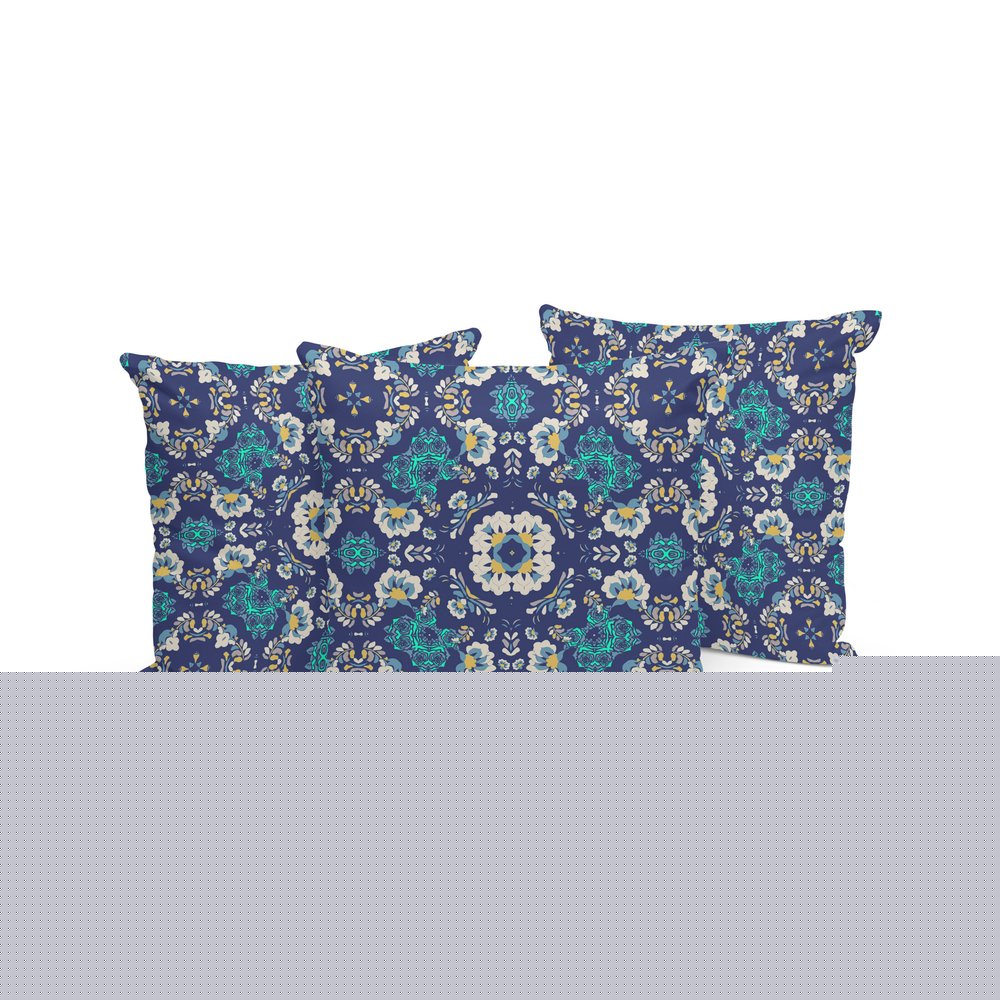 Set of Three 16" X 16" Blue and White Botanical Indoor Outdoor Throw Pillow