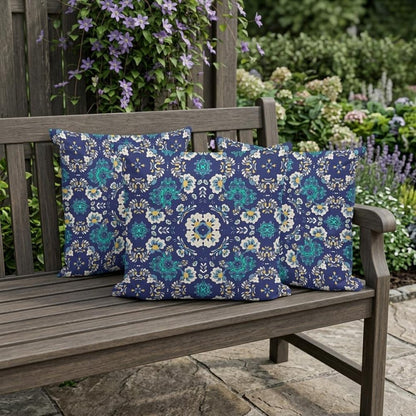 Set of Three 16" X 16" Blue and White Botanical Indoor Outdoor Throw Pillow