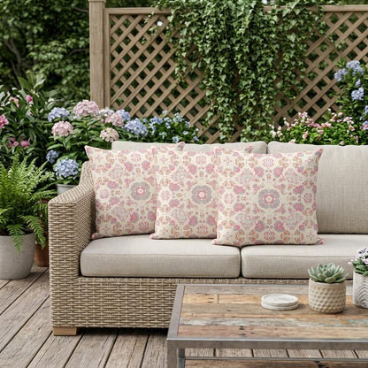 Set of Three 16" X 16" Pink and White Botanical Indoor Outdoor Throw Pillow