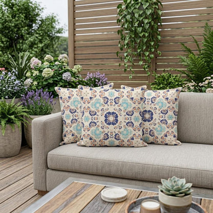 Set of Three 16" X 16" Blue and Off White Botanical Indoor Outdoor Throw Pillow