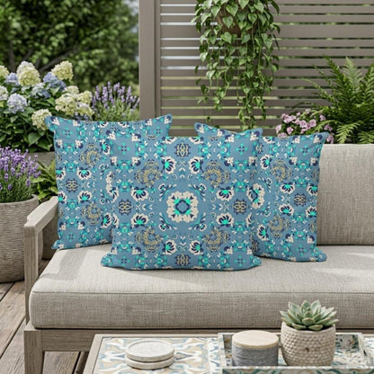 Set of Three 16" X 16" Blue and Green Botanical Indoor Outdoor Throw Pillow