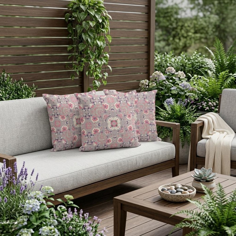 Set of Three 16" X 16" Pink and Ivory Botanical Indoor Outdoor Throw Pillow