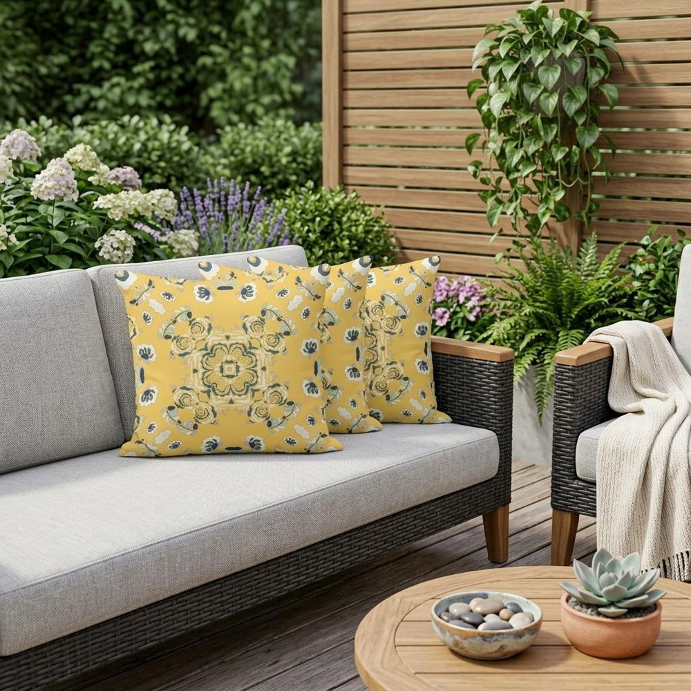 Set of Three 16" X 16" Blue and Yellow Botanical Indoor Outdoor Throw Pillow