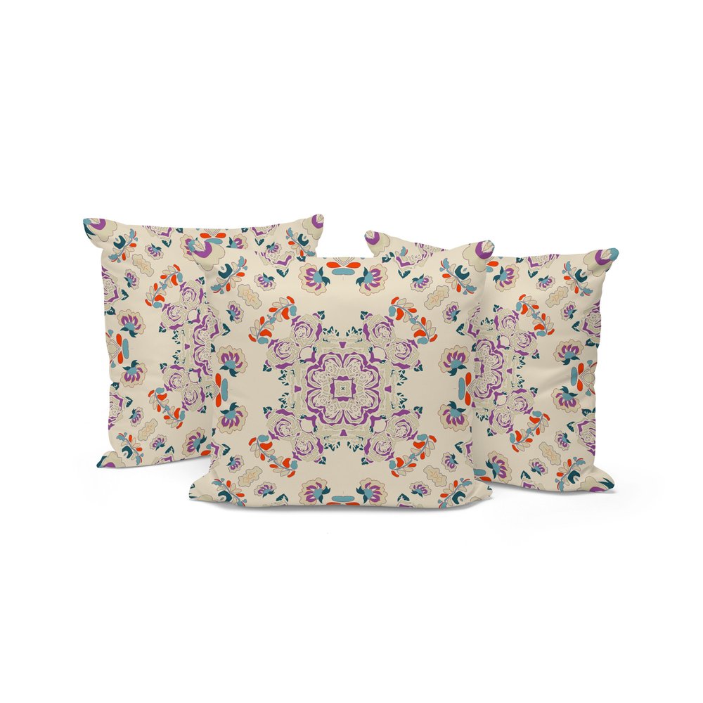 Set of Three 16" X 16" Blue and Off White Blown Seam Floral Indoor Outdoor Throw Pillow