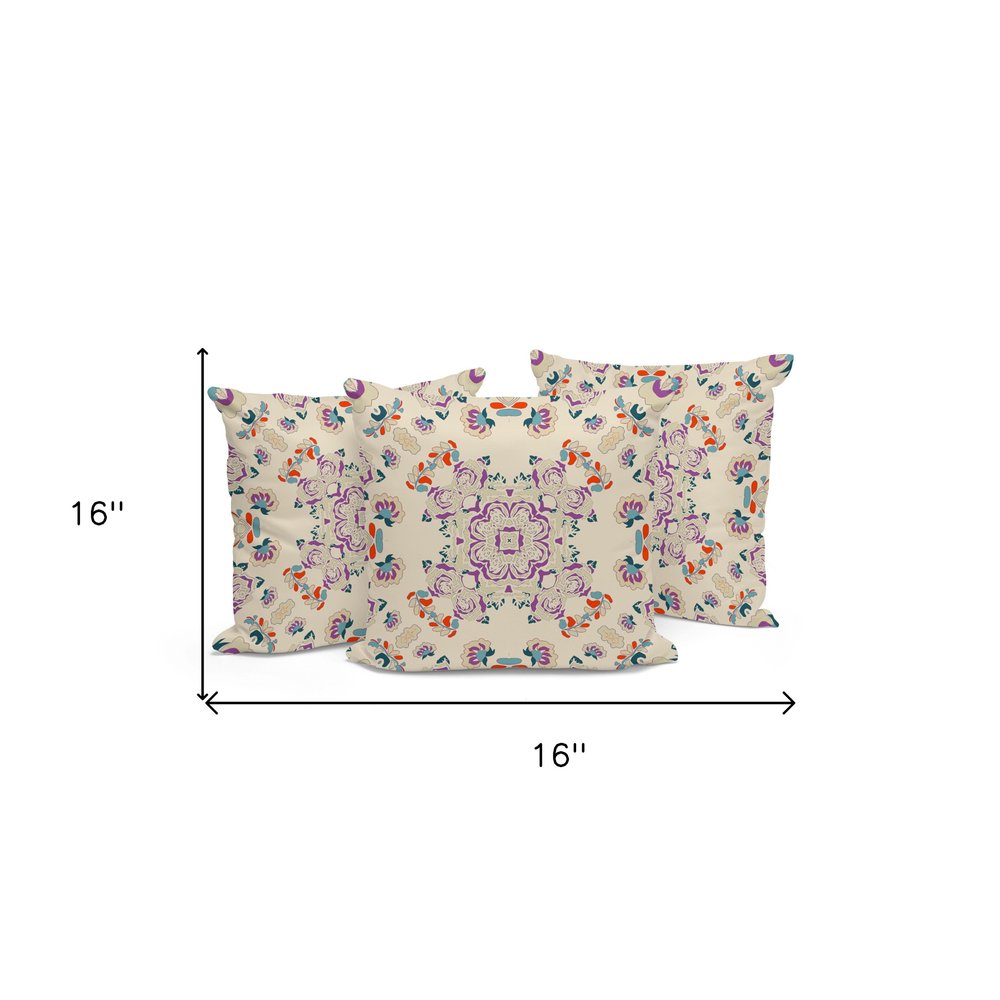 Set of Three 16" X 16" Blue and Off White Blown Seam Floral Indoor Outdoor Throw Pillow