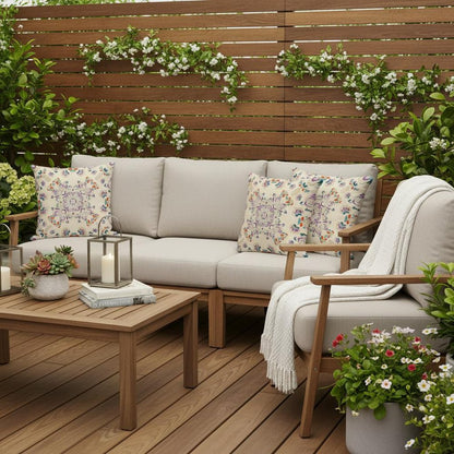 Set of Three 16" X 16" Blue and Off White Blown Seam Floral Indoor Outdoor Throw Pillow