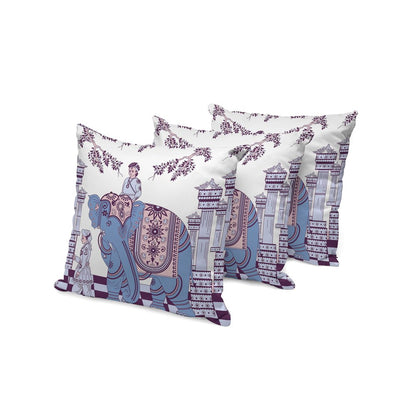 Set of Three 16" X 16" Blue and Purple Elephant Blown Seam Floral Indoor Outdoor Throw Pillow