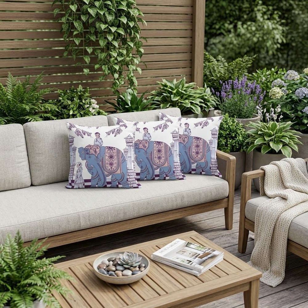 Set of Three 16" X 16" Blue and Purple Elephant Blown Seam Floral Indoor Outdoor Throw Pillow