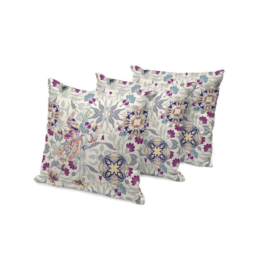 Set of Three 16" X 16" Pink and White Peacock Blown Seam Eclectic Indoor Outdoor Throw Pillow