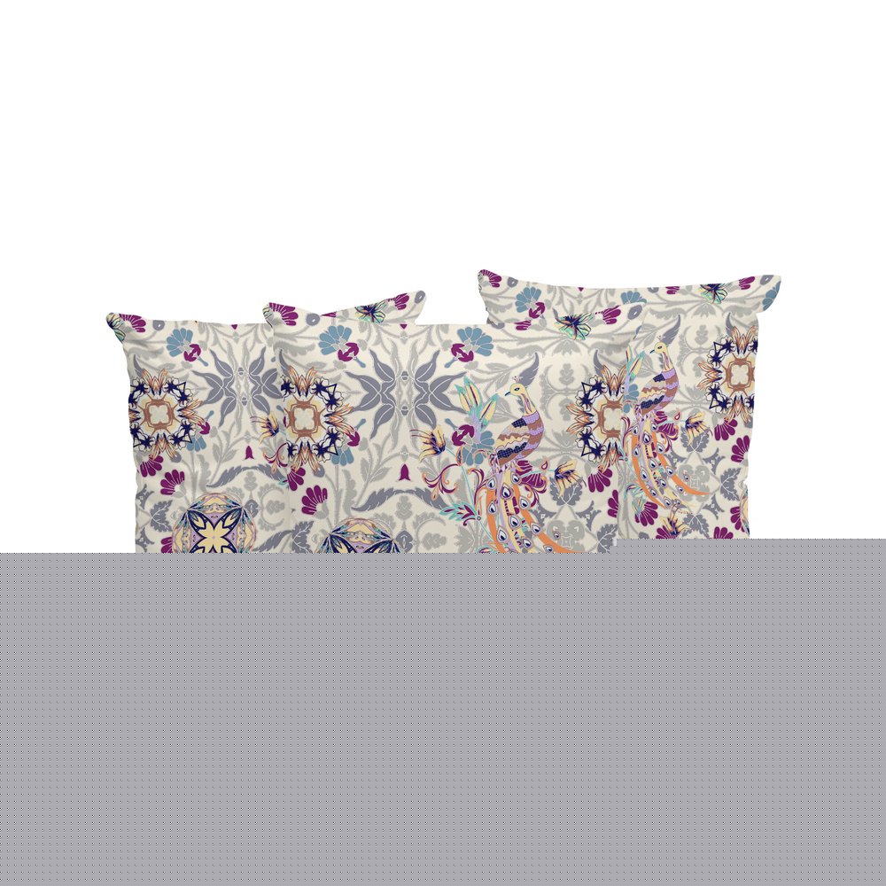 Set of Three 16" X 16" Pink and White Peacock Blown Seam Eclectic Indoor Outdoor Throw Pillow