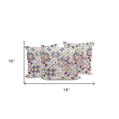 Set of Three 16" X 16" Pink and White Peacock Blown Seam Eclectic Indoor Outdoor Throw Pillow