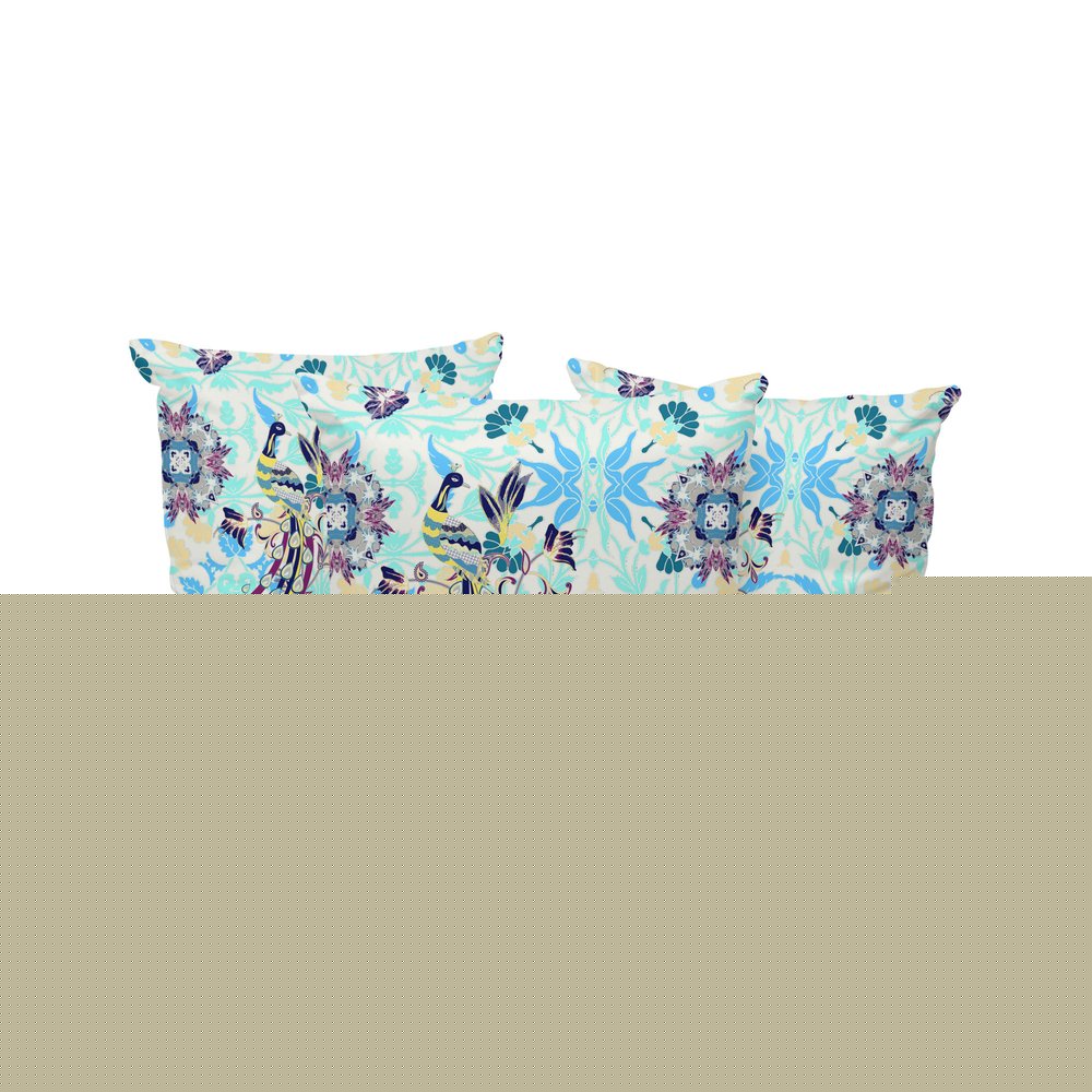 Set of Three 16" X 16" Blue and White Peacock Blown Seam Eclectic Indoor Outdoor Throw Pillow