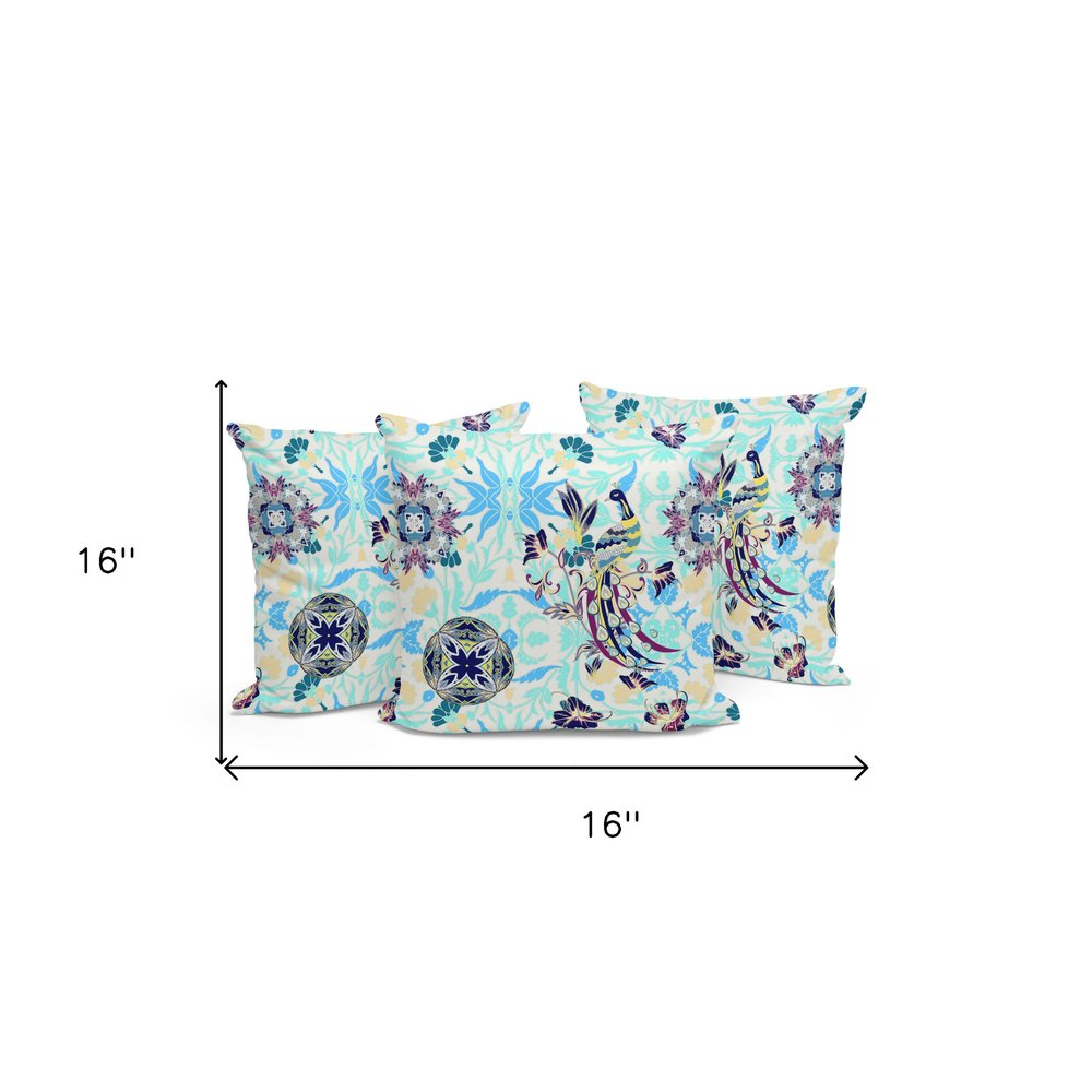 Set of Three 16" X 16" Blue and White Peacock Blown Seam Eclectic Indoor Outdoor Throw Pillow