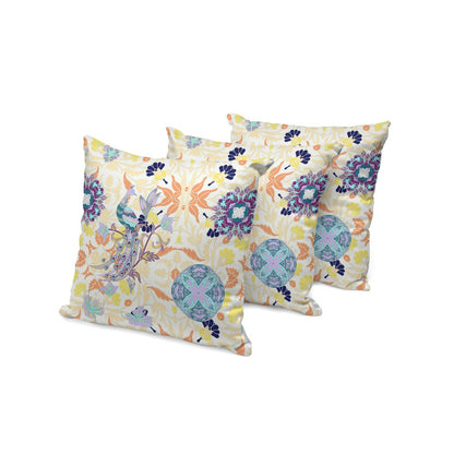 Set of Three 16" X 16" Orange and White Peacock Blown Seam Eclectic Indoor Outdoor Throw Pillow