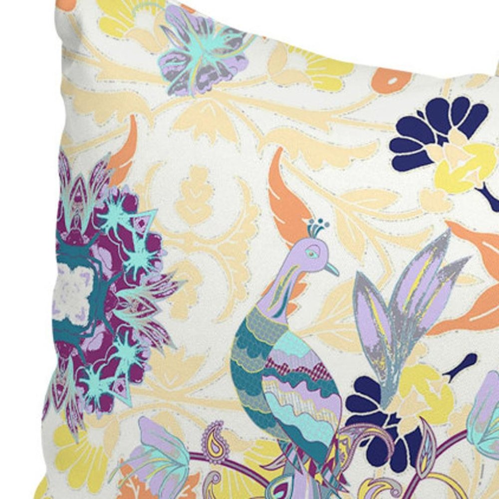 Set of Three 16" X 16" Orange and White Peacock Blown Seam Eclectic Indoor Outdoor Throw Pillow