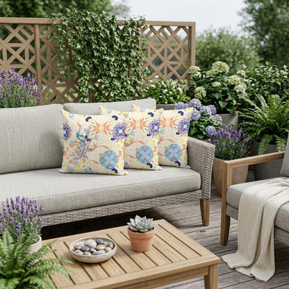 Set of Three 16" X 16" Orange and White Peacock Blown Seam Eclectic Indoor Outdoor Throw Pillow