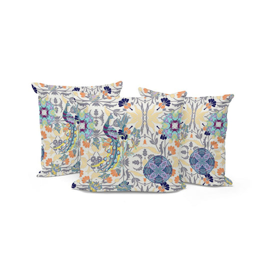 Set of Three 16" X 16" Yellow and White Peacock Eclectic Indoor Outdoor Throw Pillow