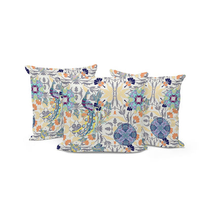 Set of Three 16" X 16" Yellow and White Peacock Eclectic Indoor Outdoor Throw Pillow