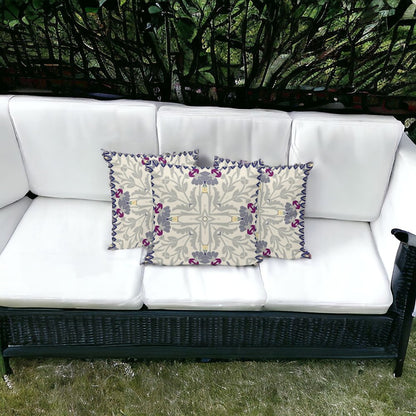 Set of Three 16" X 16" Gray and Purple Blown Seam Floral Indoor Outdoor Throw Pillow