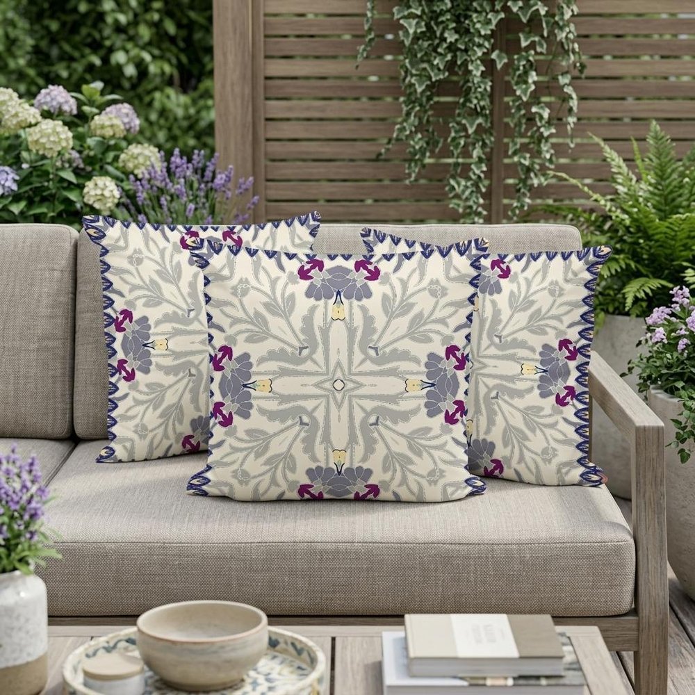 Set of Three 16" X 16" Gray and Purple Blown Seam Floral Indoor Outdoor Throw Pillow