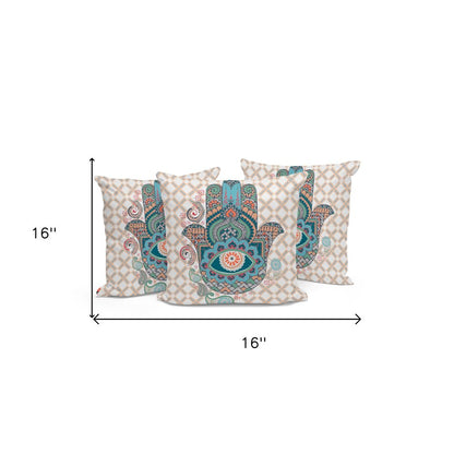 Set of Three 16" X 16" Blue and Orange Blown Seam Hamsa Indoor Outdoor Throw Pillow