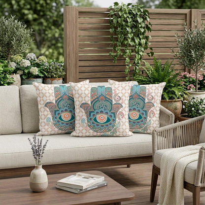 Set of Three 16" X 16" Blue and Orange Blown Seam Hamsa Indoor Outdoor Throw Pillow