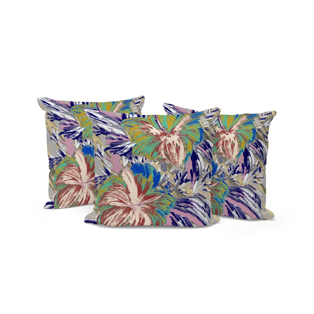 Set of Three 16" X 16" Green and White Blown Seam Floral Indoor Outdoor Throw Pillow